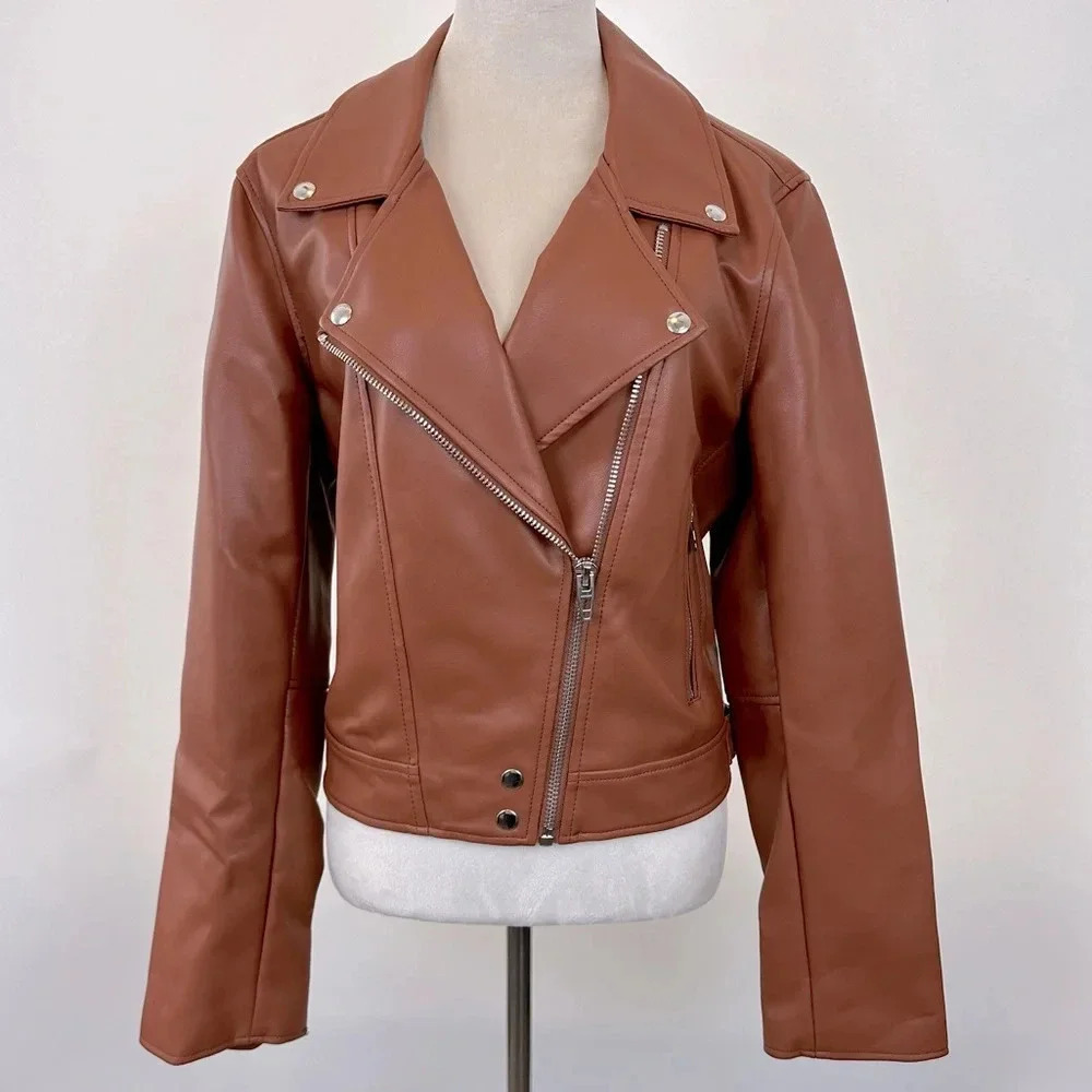 BlankNYC Womens Faux Leather Moto Jacket - Redwood/camel  w/metal hardware - XL